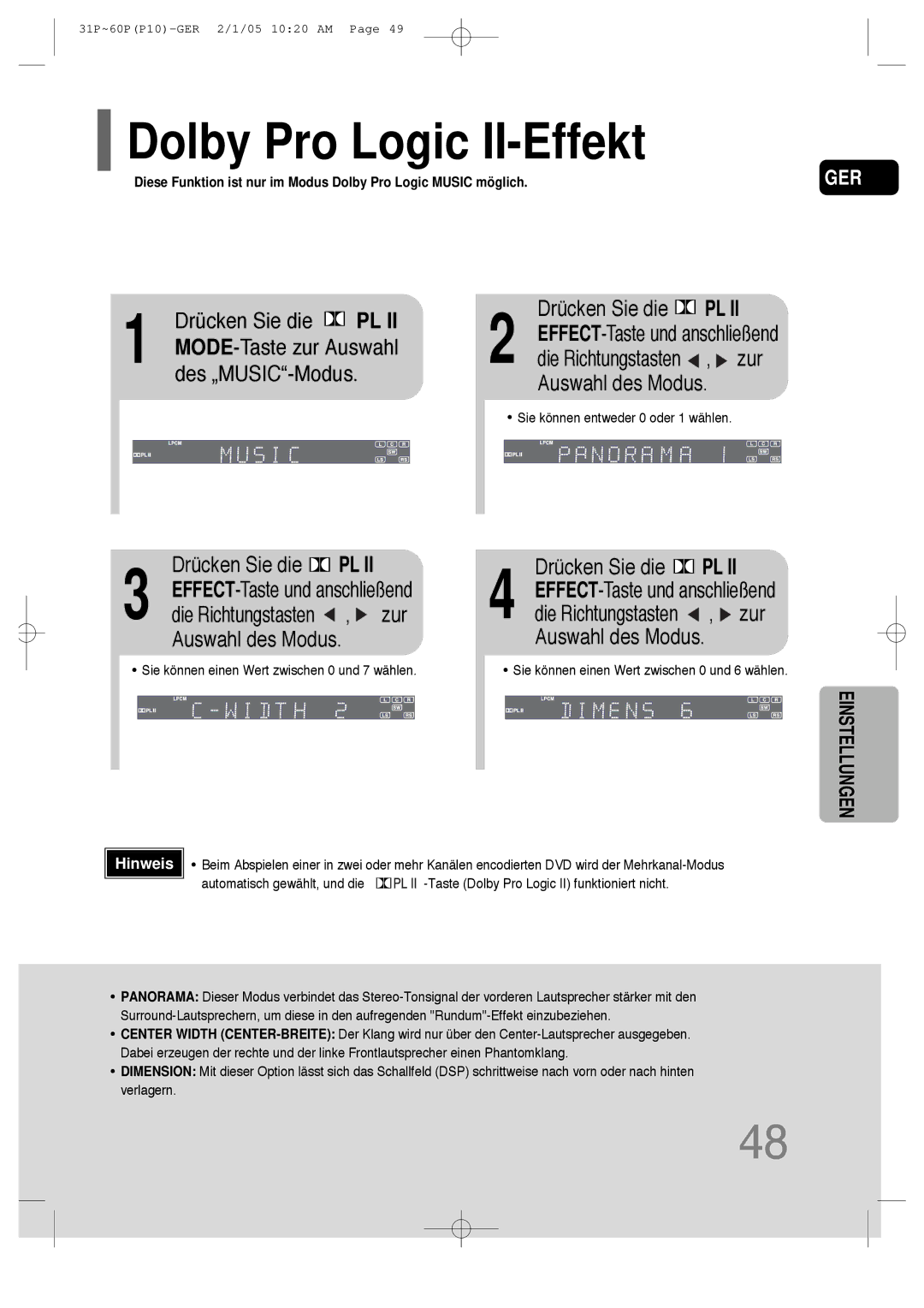 Samsung HT-P10R/EDC, HT-P10R/ELS Dolby Pro Logic II-Effekt, Drücken Sie die PL, Des „MUSIC-Modus, Zur, Auswahl des Modus 