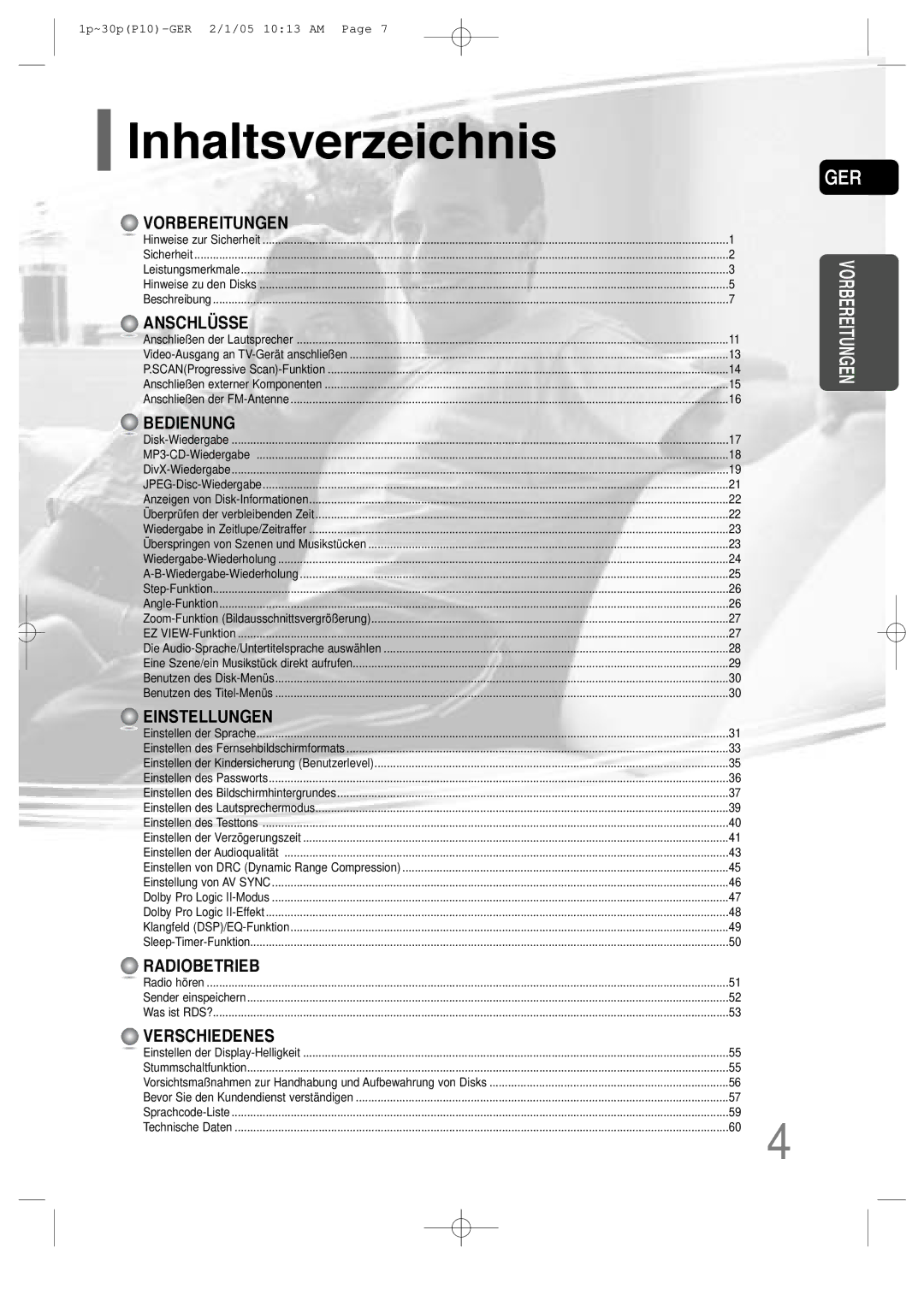 Samsung HT-P10R/EDC, HT-P10R/ELS manual Inhaltsverzeichnis, Anschlüsse 