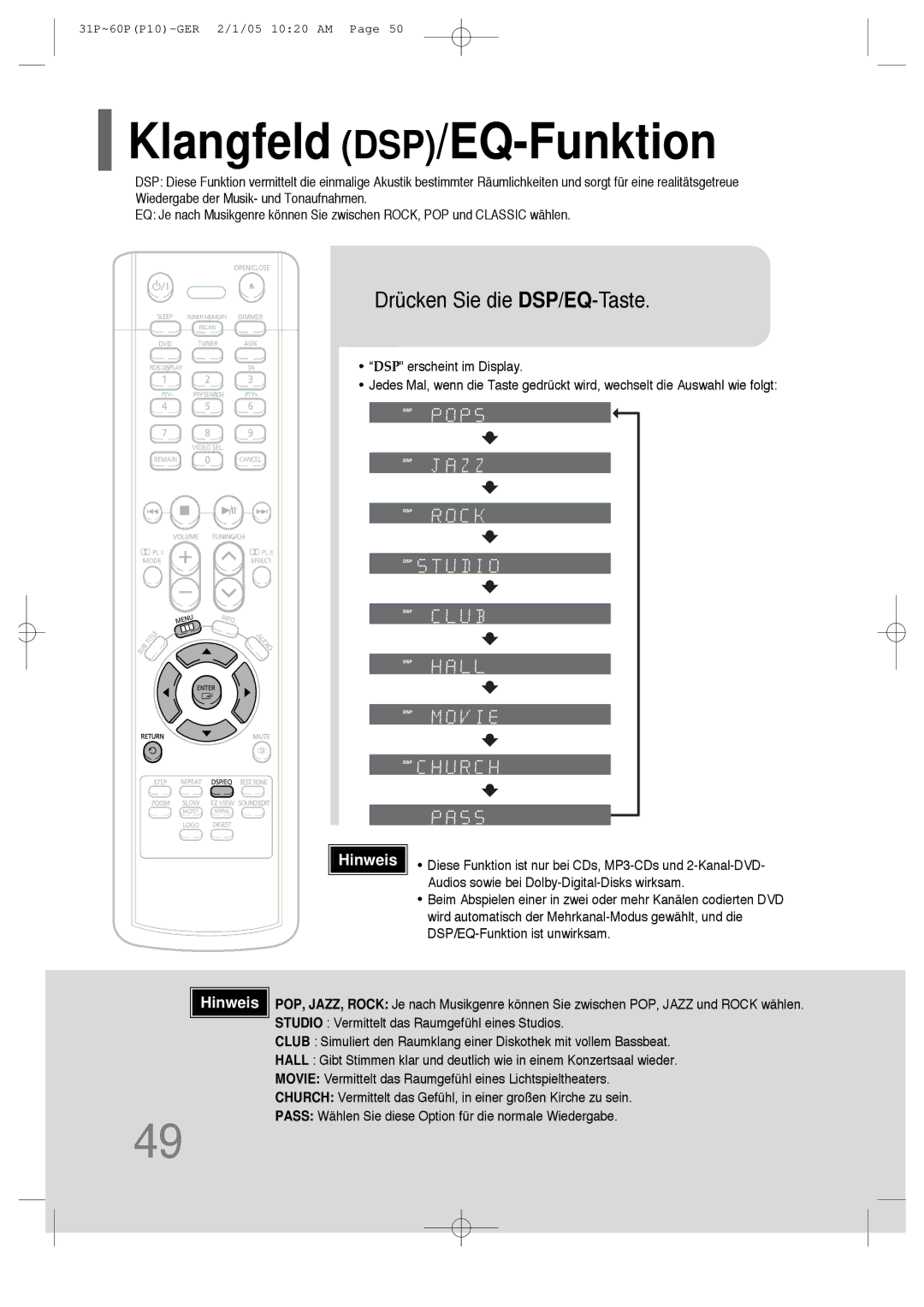 Samsung HT-P10R/ELS, HT-P10R/EDC manual Klangfeld DSP/EQ-Funktion, Drücken Sie die DSP/EQ-Taste 