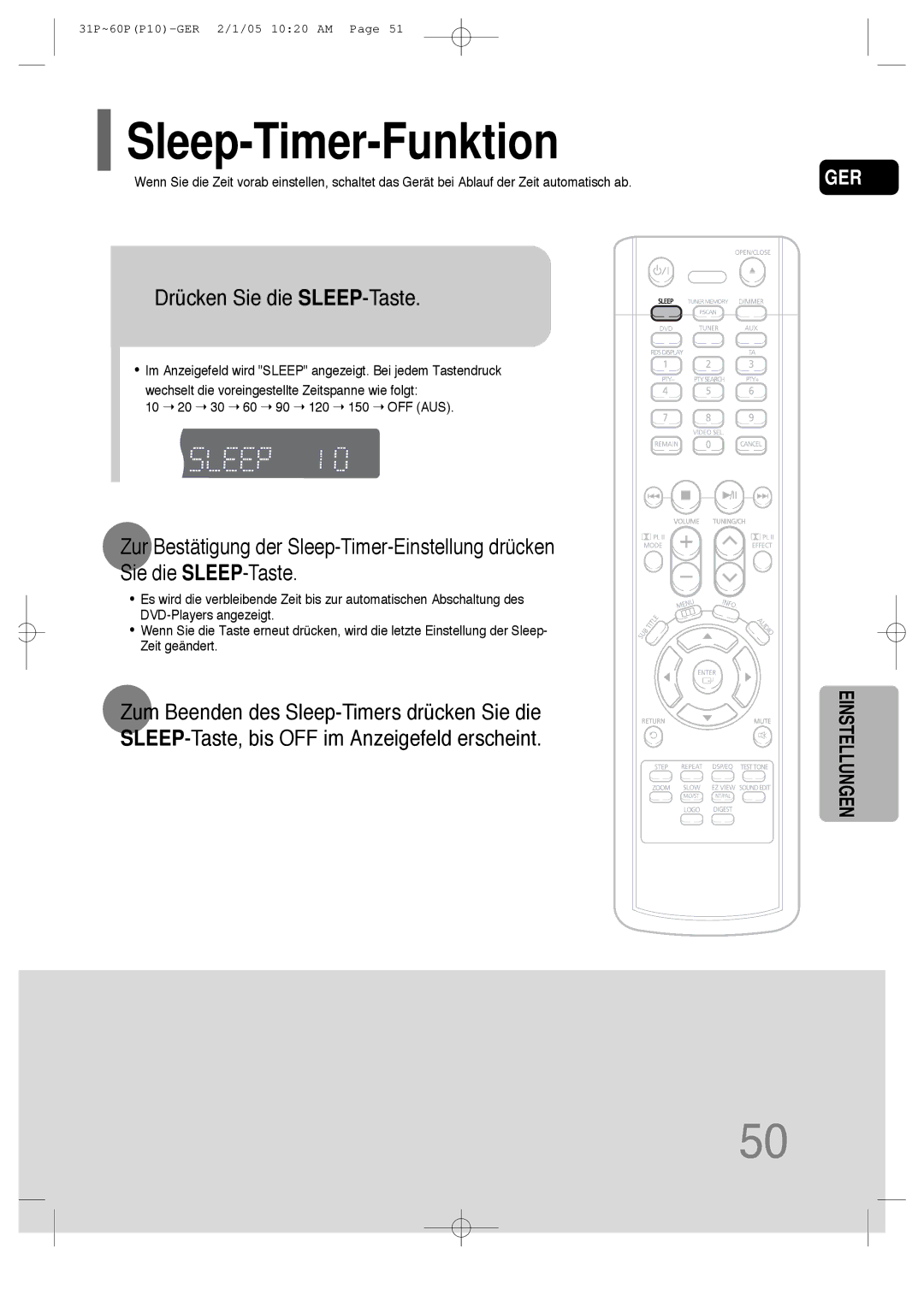 Samsung HT-P10R/EDC, HT-P10R/ELS manual Sleep-Timer-Funktion, Drücken Sie die SLEEP-Taste, 10 20 30 60 90 120 150 OFF AUS 