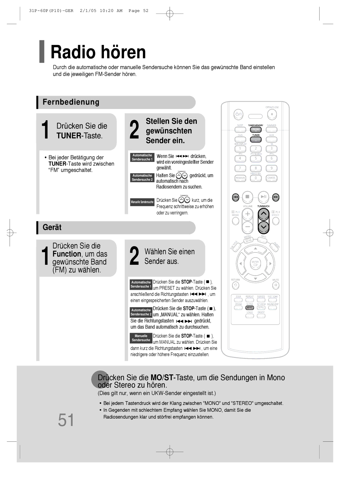 Samsung HT-P10R/ELS, HT-P10R/EDC manual Radio hören, Fernbedienung, Stellen Sie den, Gerät, Wählen Sie einen Sender aus 