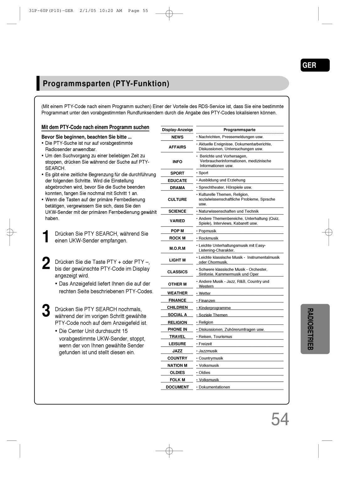 Samsung HT-P10R/EDC, HT-P10R/ELS manual Programmsparten PTY-Funktion, Bevor Sie beginnen, beachten Sie bitte 