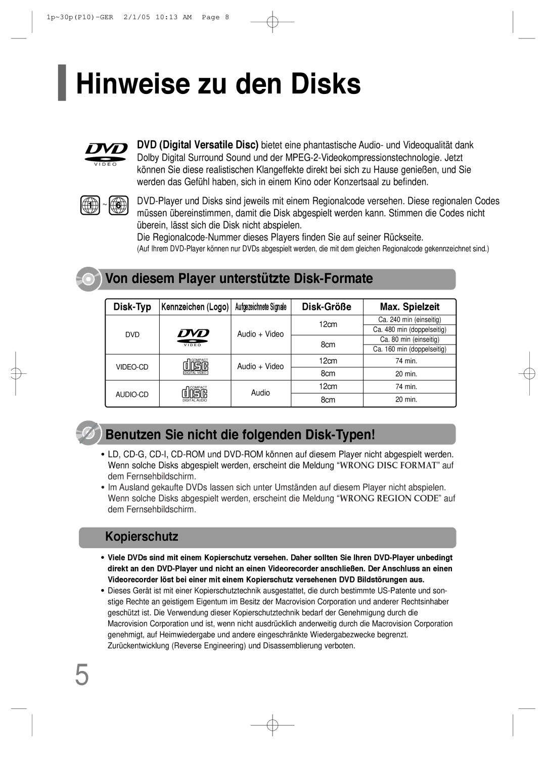 Samsung HT-P10R/ELS manual Hinweise zu den Disks, Von diesem Player unterstützte Disk-Formate, Kopierschutz, Disk-Größe 