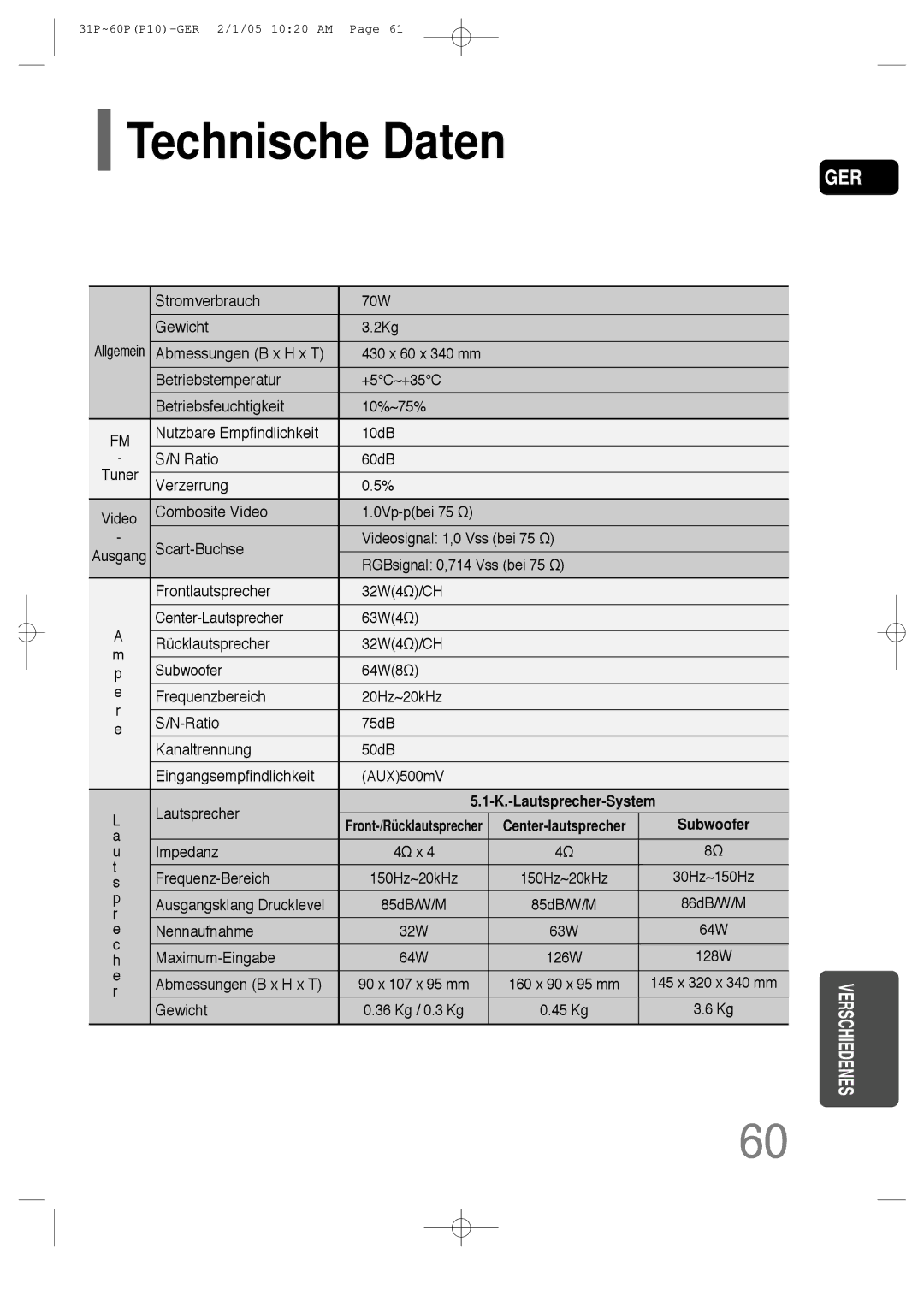 Samsung HT-P10R/EDC, HT-P10R/ELS manual Technische Daten, Subwoofer 