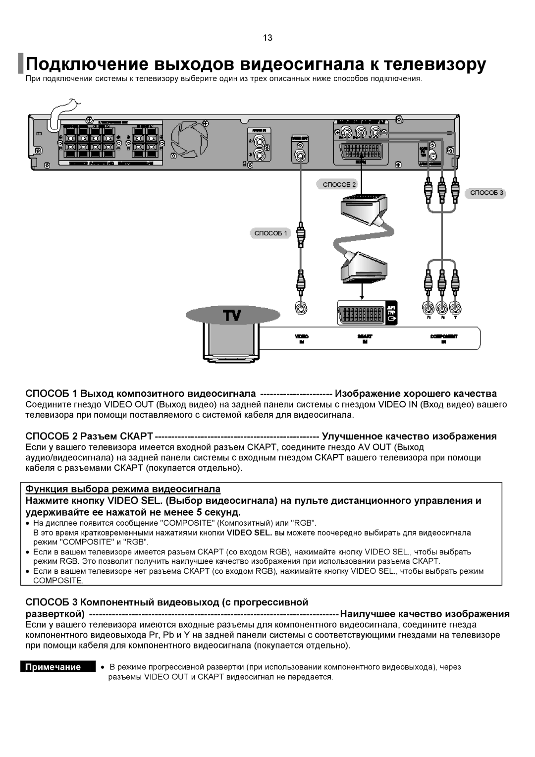 Samsung HT-RP16R/XFO manual Подключение выходов видеосигнала к телевизору, Способ 3 Компонентный видеовыход с прогрессивной 