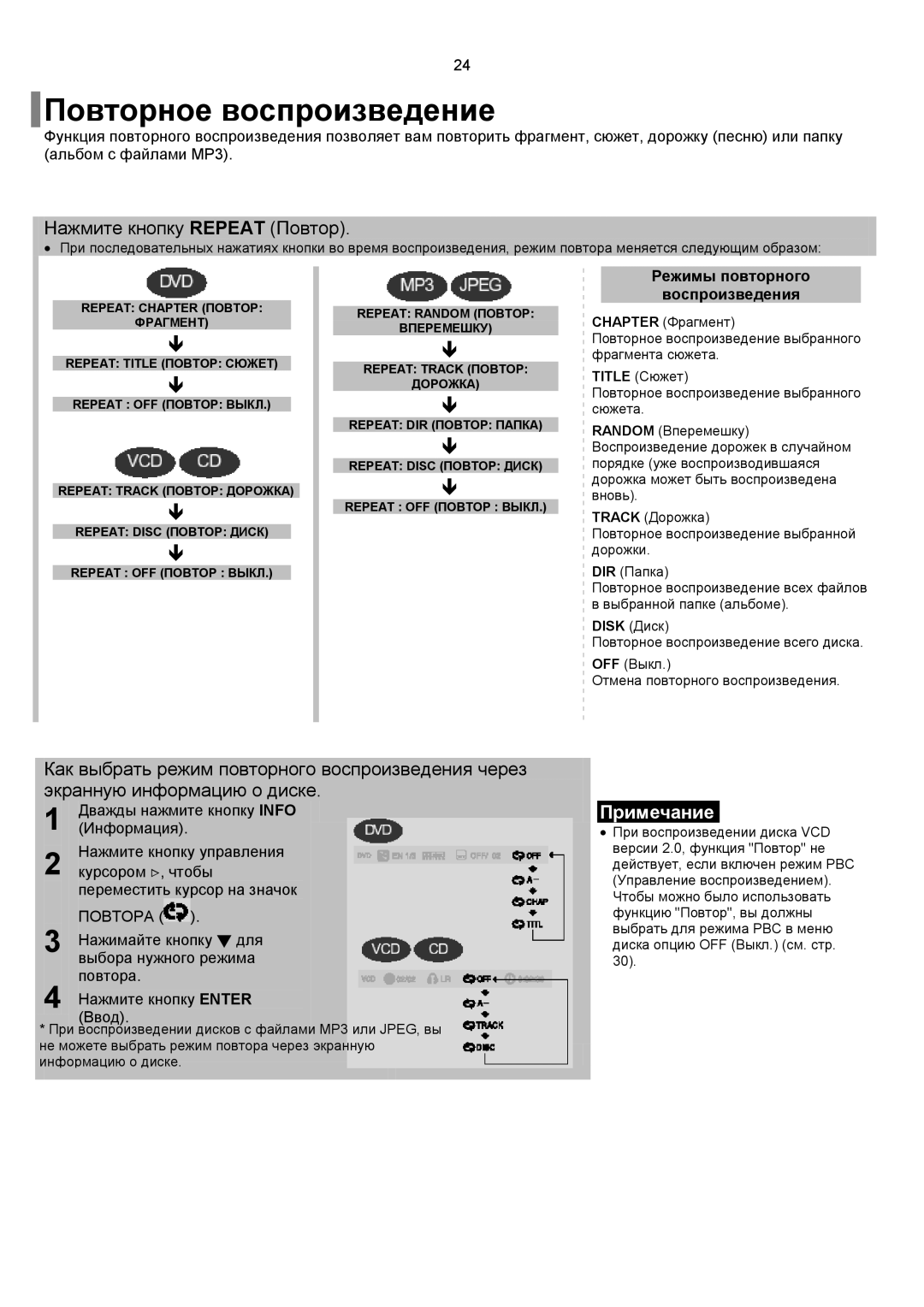 Samsung HT-TP12R/XFO manual Повторное воспроизведение, Нажмите кнопку Repeat Повтор, Режимы повторного Воспроизведения 