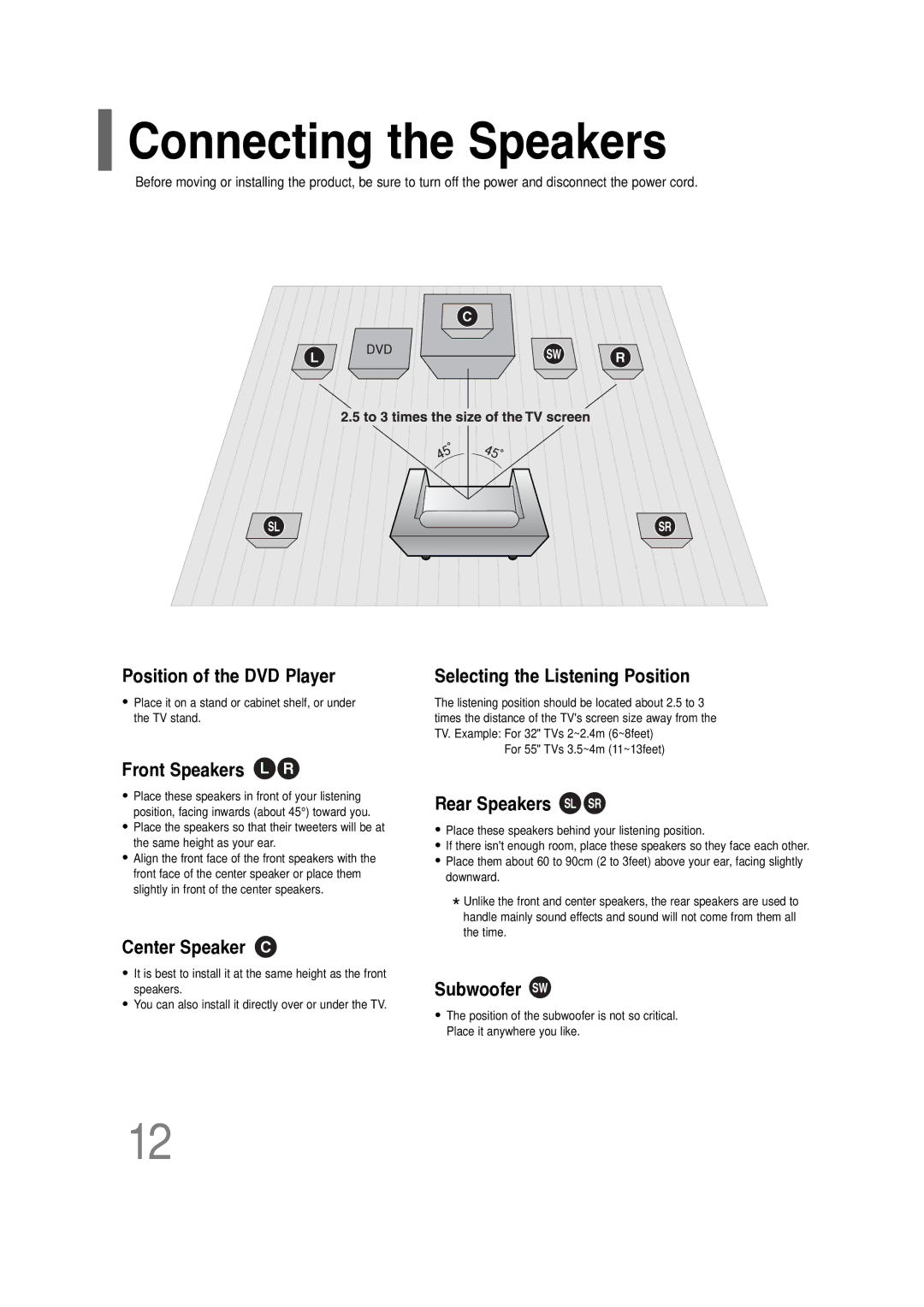 Samsung HT-P10R/XFO, HT-P10KR/XFU manual Connecting the Speakers, Selecting the Listening Position 