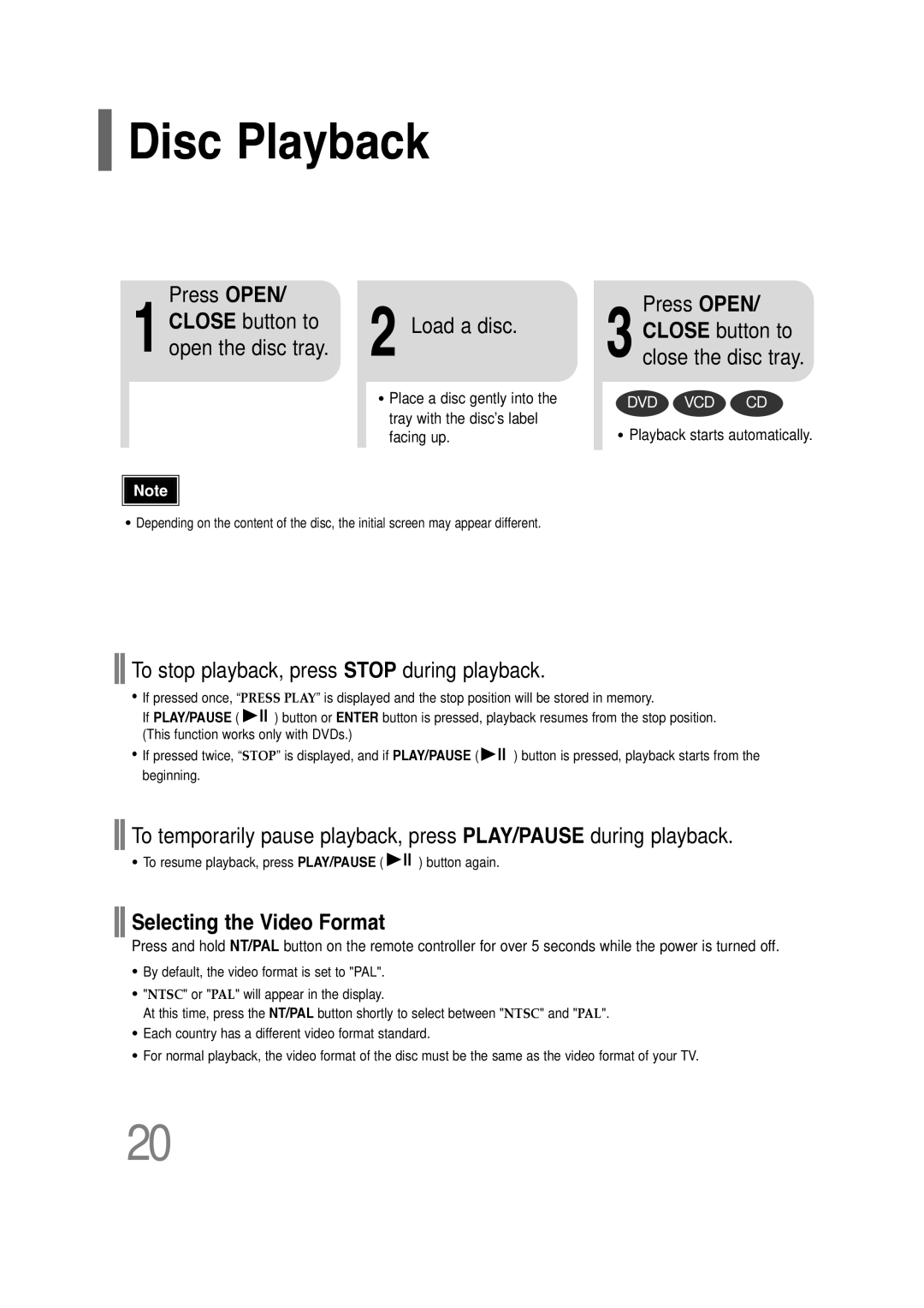 Samsung HT-P10R/XFO, HT-P10KR/XFU Disc Playback, Press Open, Load a disc, To stop playback, press Stop during playback 