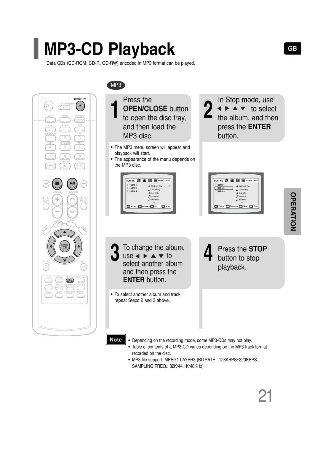 Samsung HT-P10KR/XFU, HT-P10R/XFO manual MP3-CD Playback, Press, Use Button to stop, Then press Enter button 