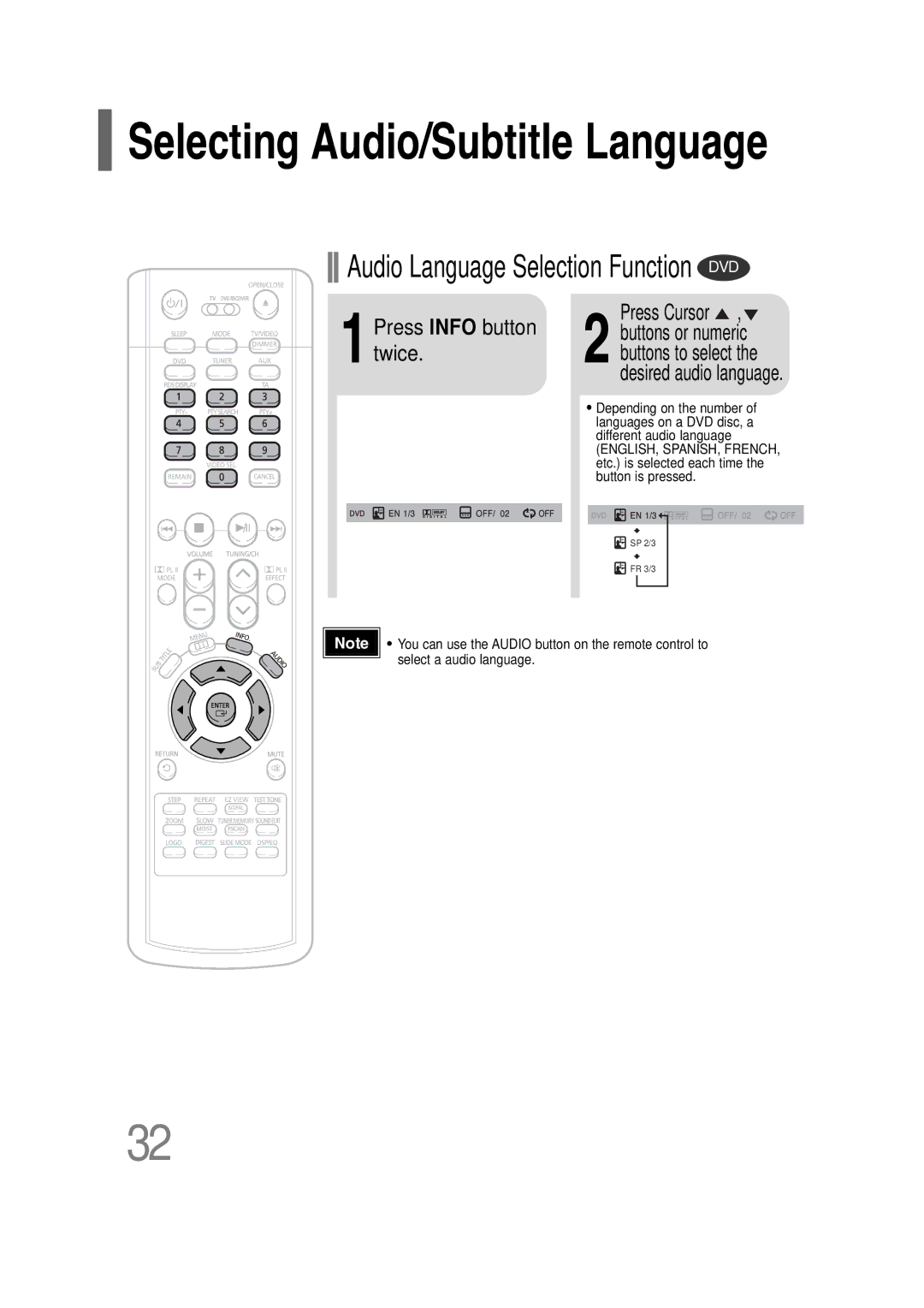 Samsung HT-P10R/XFO, HT-P10KR/XFU manual 1Press Info button twice, Desired audio language 