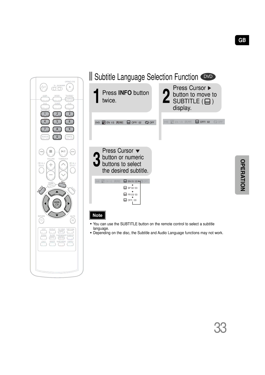 Samsung HT-P10KR/XFU, HT-P10R/XFO manual Subtitle Language Selection Function DVD 