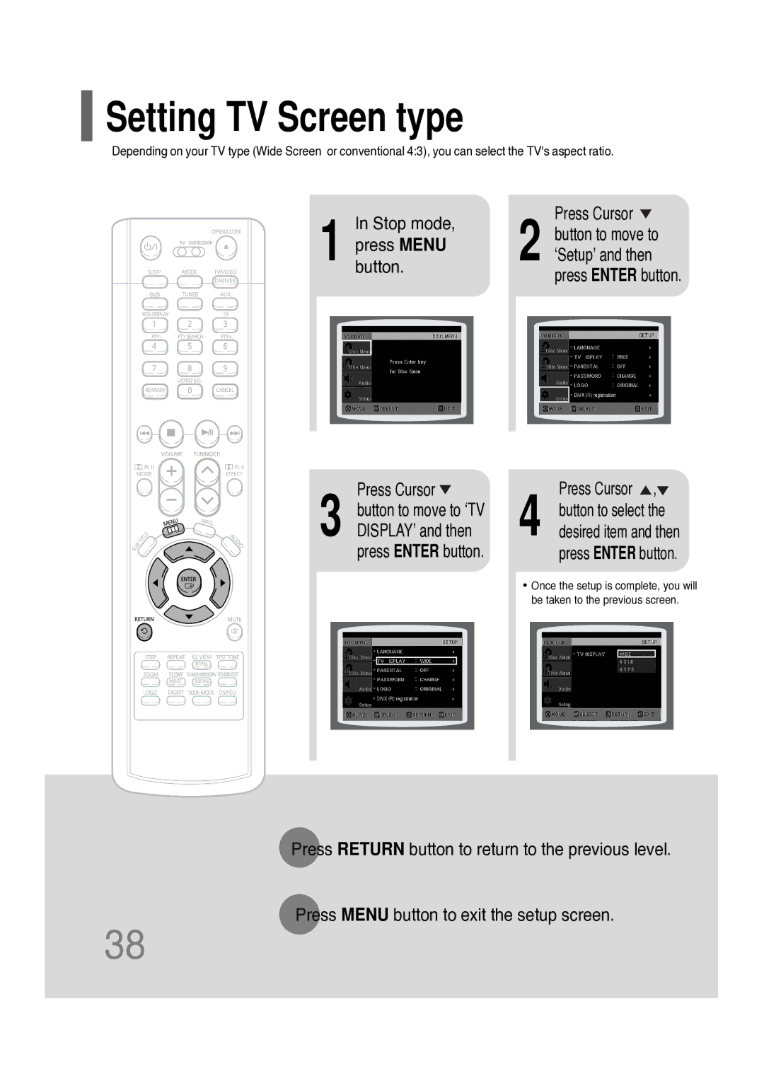 Samsung HT-P10R/XFO, HT-P10KR/XFU manual Setting TV Screen type, Pressbutton.MENU 