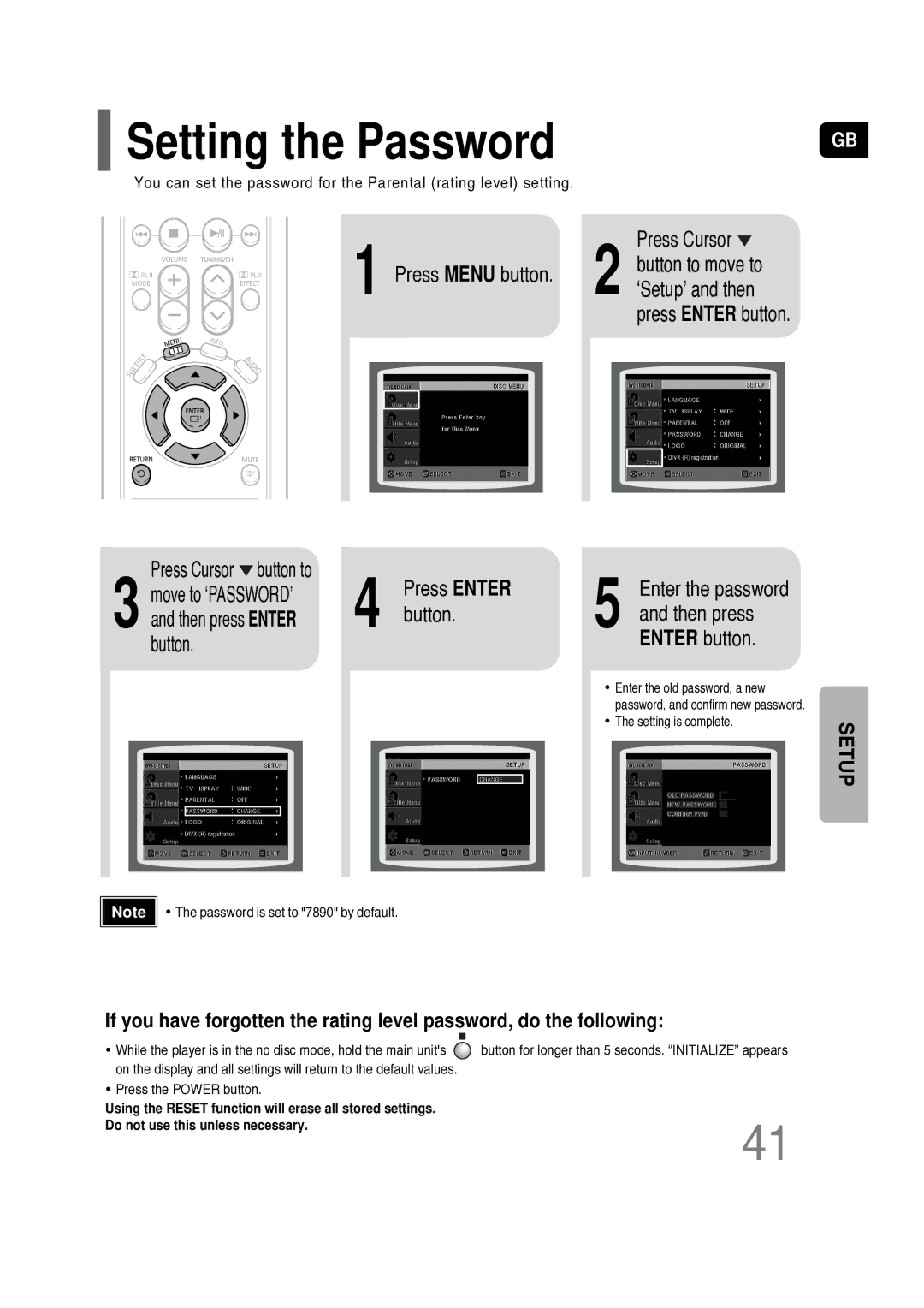 Samsung HT-P10KR/XFU, HT-P10R/XFO Setting the Password, Press Enter Enter the password, Button Then press Enter button 