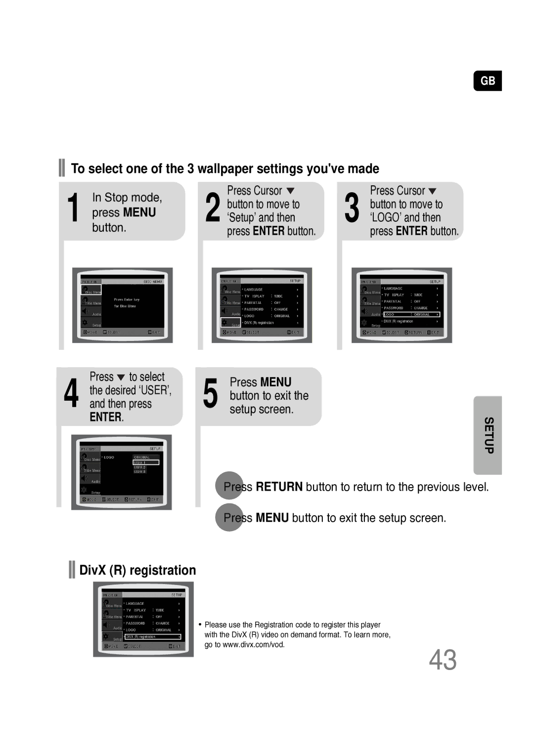 Samsung HT-P10KR/XFU, HT-P10R/XFO Stop mode Press Cursor Button to move to, Press Menu ‘Setup’ and then, Press to select 