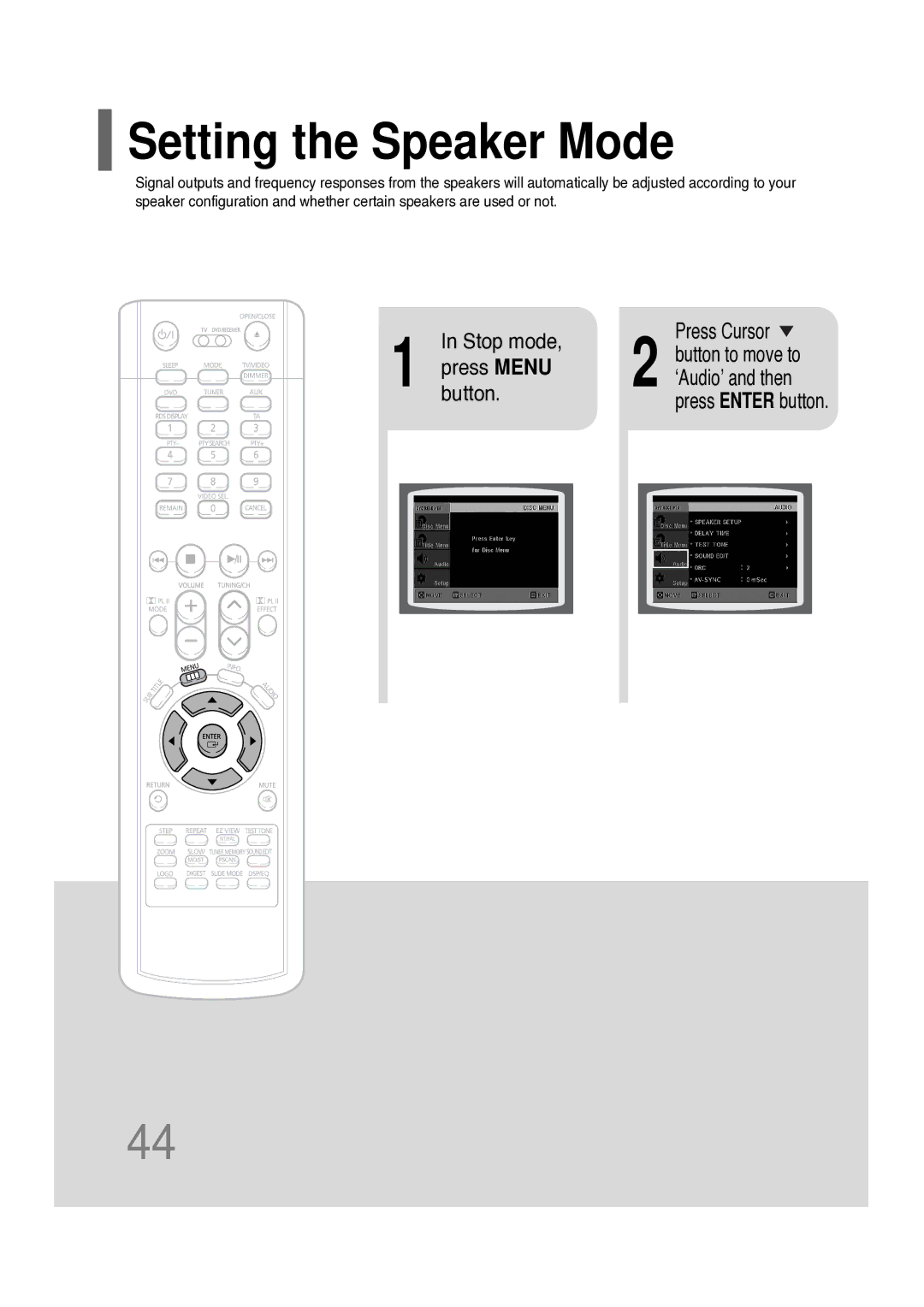 Samsung HT-P10R/XFO, HT-P10KR/XFU manual Setting the Speaker Mode, Press Menu 