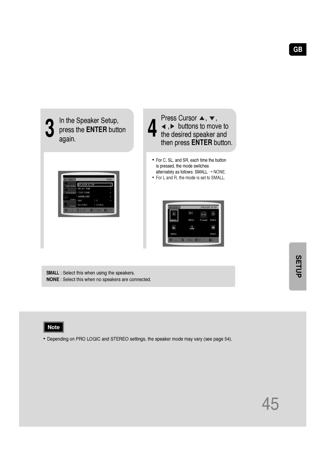 Samsung HT-P10KR/XFU, HT-P10R/XFO manual Speaker Setup, For L and R, the mode is set to Small 