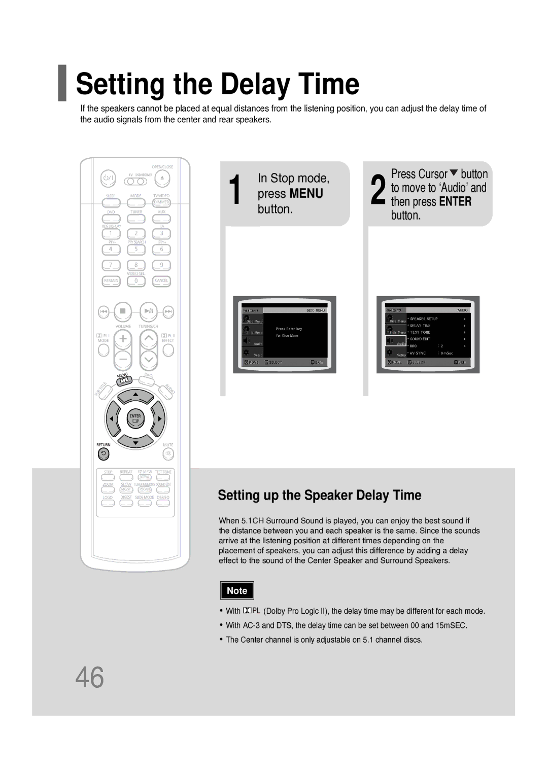 Samsung HT-P10R/XFO, HT-P10KR/XFU manual Setting the Delay Time, Press Cursor button 