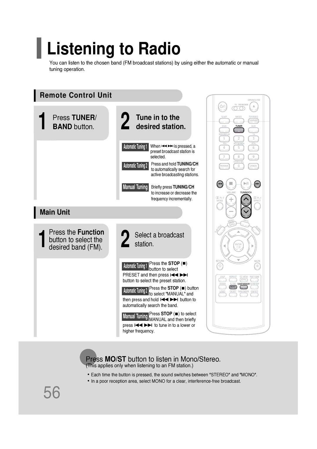 Samsung HT-P10R/XFO, HT-P10KR/XFU manual Listening to Radio, Remote Control Unit Press Tuner, Band button, Main Unit 