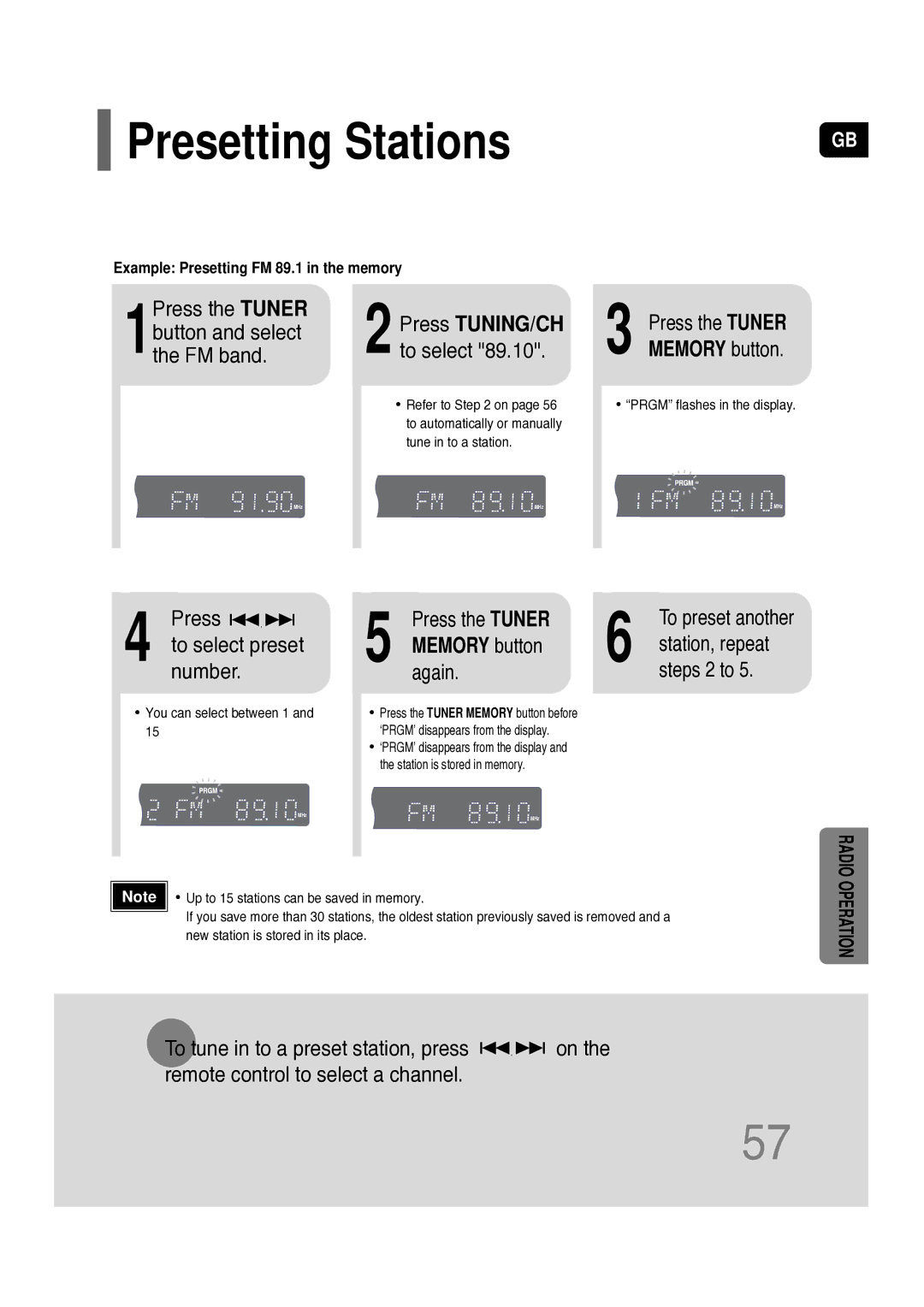 Samsung HT-P10KR/XFU, HT-P10R/XFO manual Presetting Stations, Again, Steps 2 to, Example Presetting FM 89.1 in the memory 