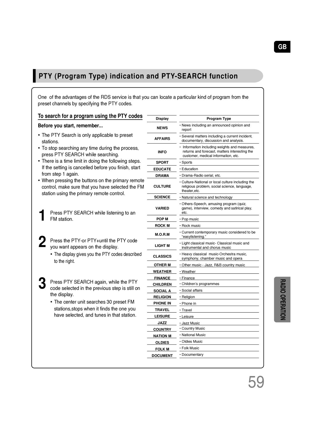 Samsung HT-P10KR/XFU, HT-P10R/XFO manual PTY Program Type indication and PTY-SEARCH function, Before you start, remember 