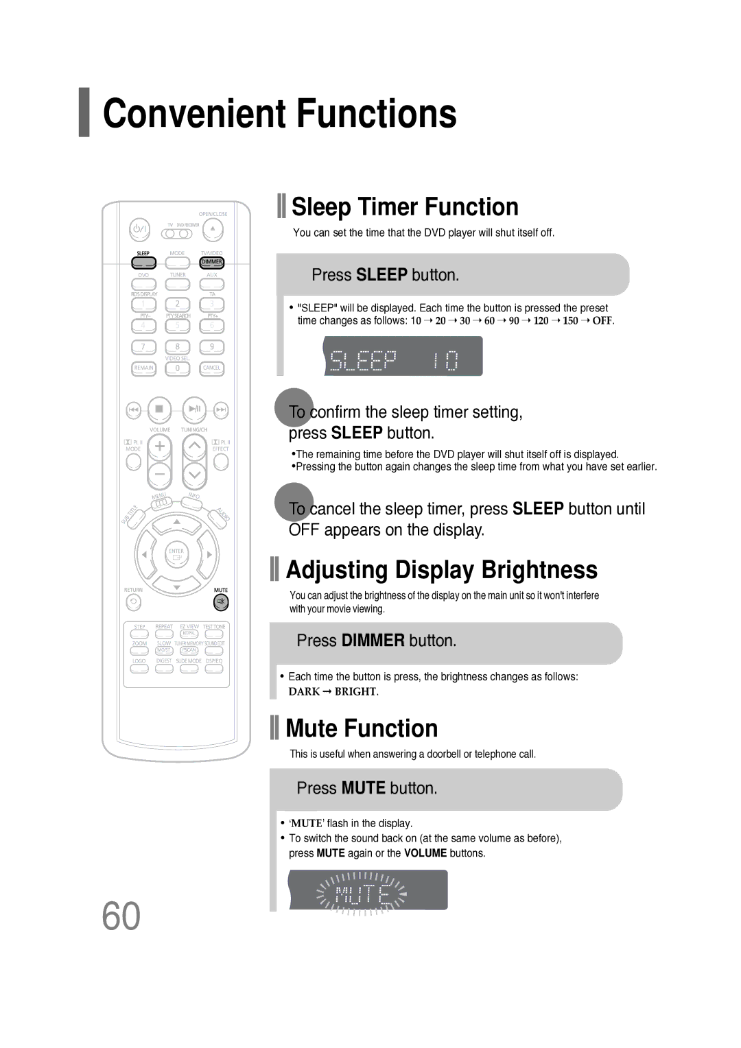 Samsung HT-P10R/XFO manual Convenient Functions, Press Sleep button, To confirm the sleep timer setting, press Sleep button 