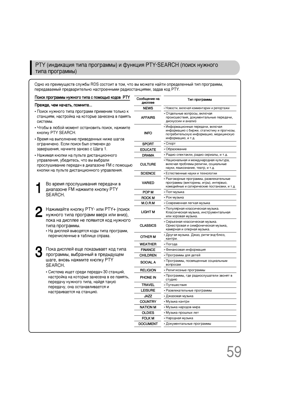 Samsung HT-P10KR/XFU, HT-P10R/XFO manual ‰Ë‡Ô‡ÁÓÌÂ FM Ì‡ÊÏËÚÂ Íìóôíû PTY Search, ÂÊ‰Â, ˜ÂÏ Ì‡˜‡Ú¸, Ôóïìëúâ 