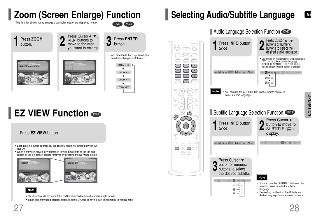 Samsung HT-P10T/SAM manual EZ View Function DVD, Zoom Screen Enlarge Function 