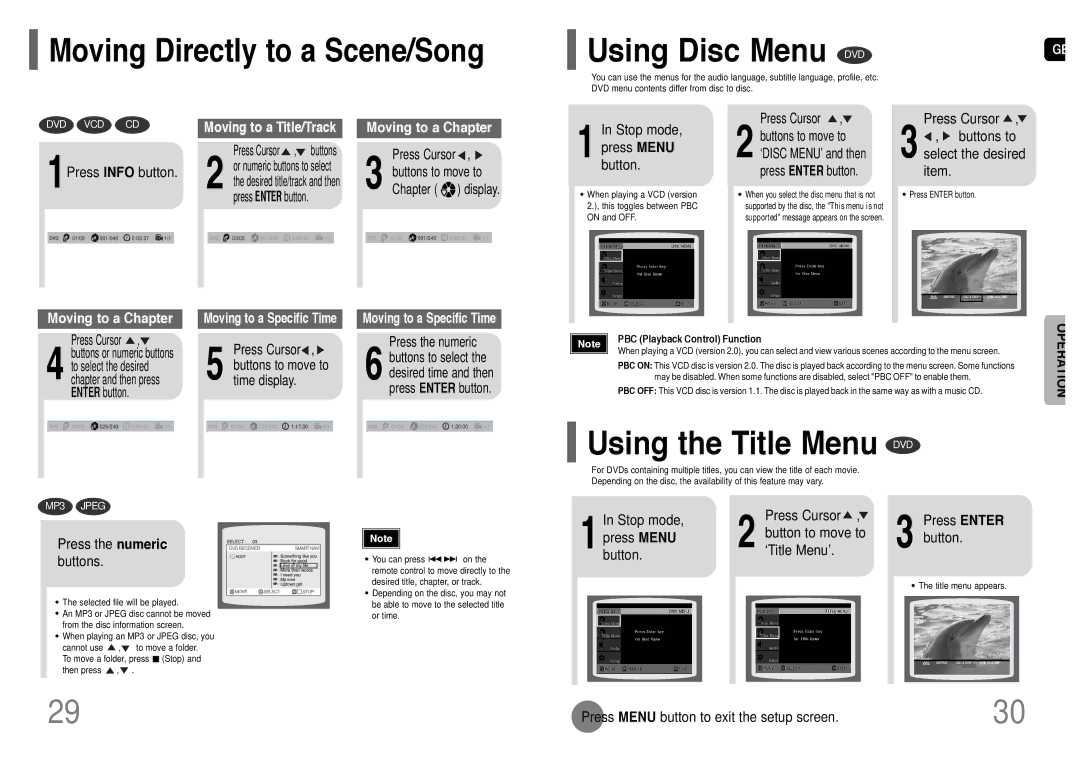 Samsung HT-P10T/SAM manual Using the Title Menu DVD, Moving Directly to a Scene/Song 