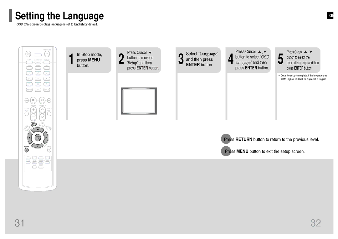 Samsung HT-P10T/SAM manual Setting the Language, Stop mode Press Menu button, Select ‘Language’ Then press Enter button 