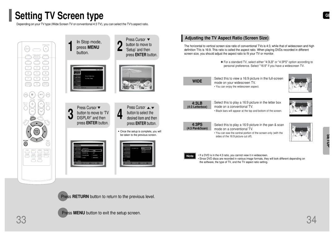 Samsung HT-P10T/SAM manual Stop mode, Adjusting the TV Aspect Ratio Screen Size, 43LB, 43PS 