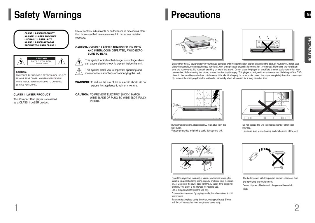 Samsung HT-P10T/SAM manual Safety Warnings PrecautionsGB, Class 1 Laser Product 