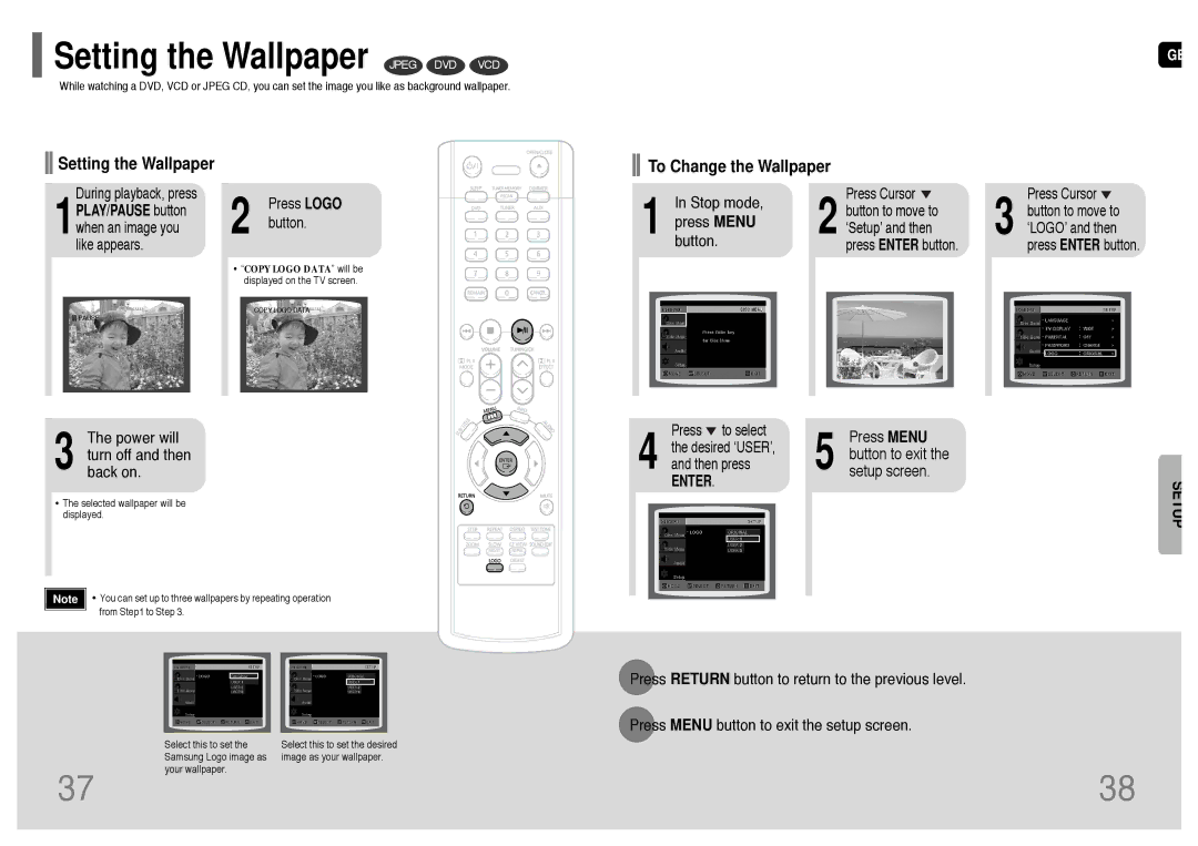 Samsung HT-P10T/SAM manual Setting the Wallpaper Jpeg DVD VCD, Power will turn off and then back on, Setup screen, Button 