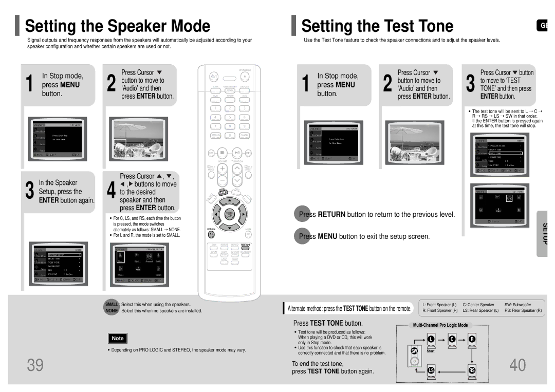 Samsung HT-P10T/SAM manual Setting the Speaker Mode, Speaker Setup, press the Enter button again, Press Test Tone button 