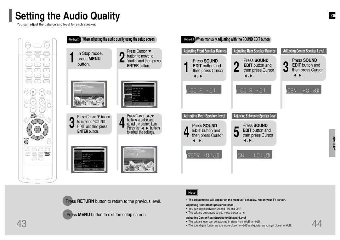 Samsung HT-P10T/SAM manual Setting the Audio Quality, Press Sound Edit button and then press Cursor 