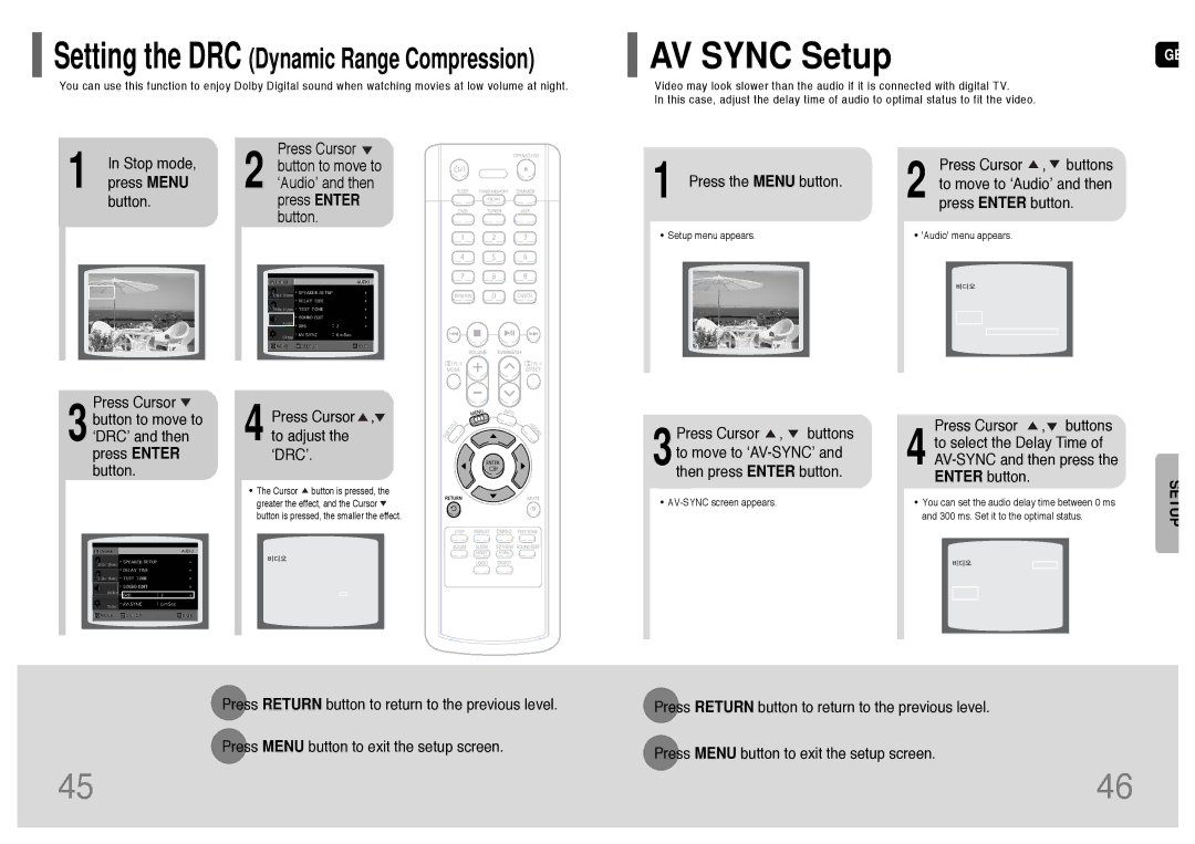 Samsung HT-P10T/SAM manual AV Sync Setup, Setting the DRC Dynamic Range Compression 