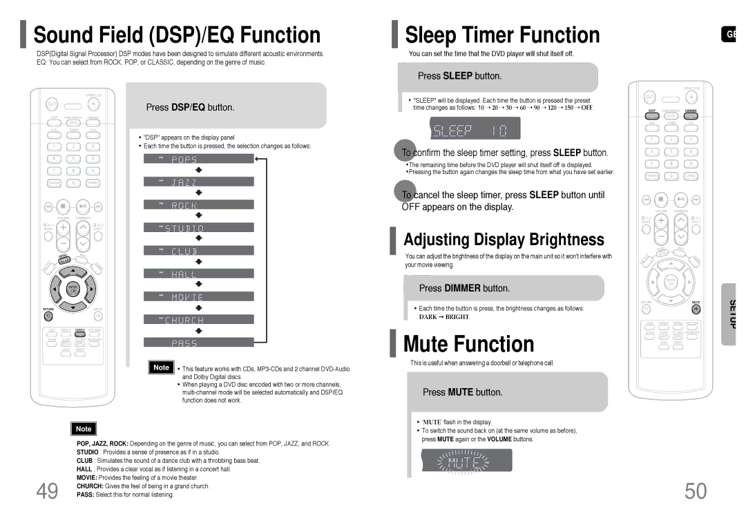 Samsung HT-P10T/SAM manual Sound Field DSP/EQ Function, Sleep Timer Function, Mute Function 