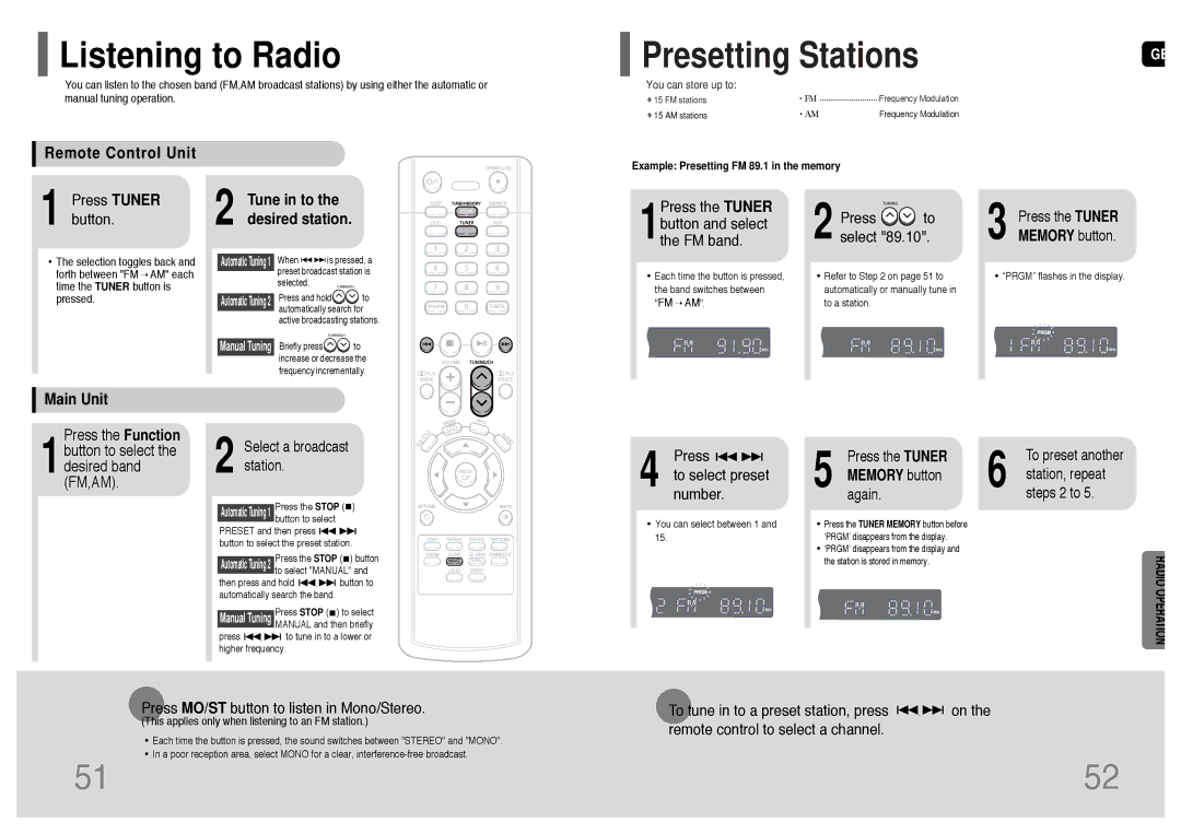 Samsung HT-P10T/SAM manual Listening to Radio, Remote Control Unit, Tune in to the desired station, Main Unit 