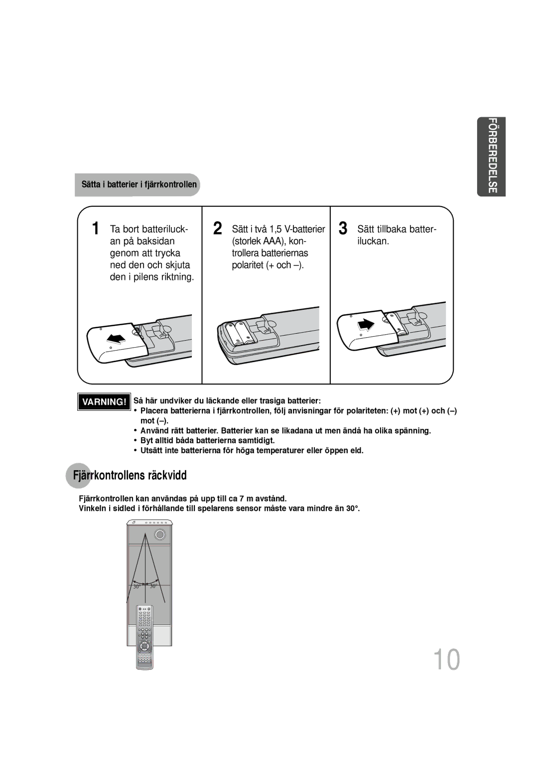 Samsung HT-P1200R/ELS, HT-P1200R/EDC manual Fjärrkontrollens räckvidd, Sätta i batterier i fjärrkontrollen 