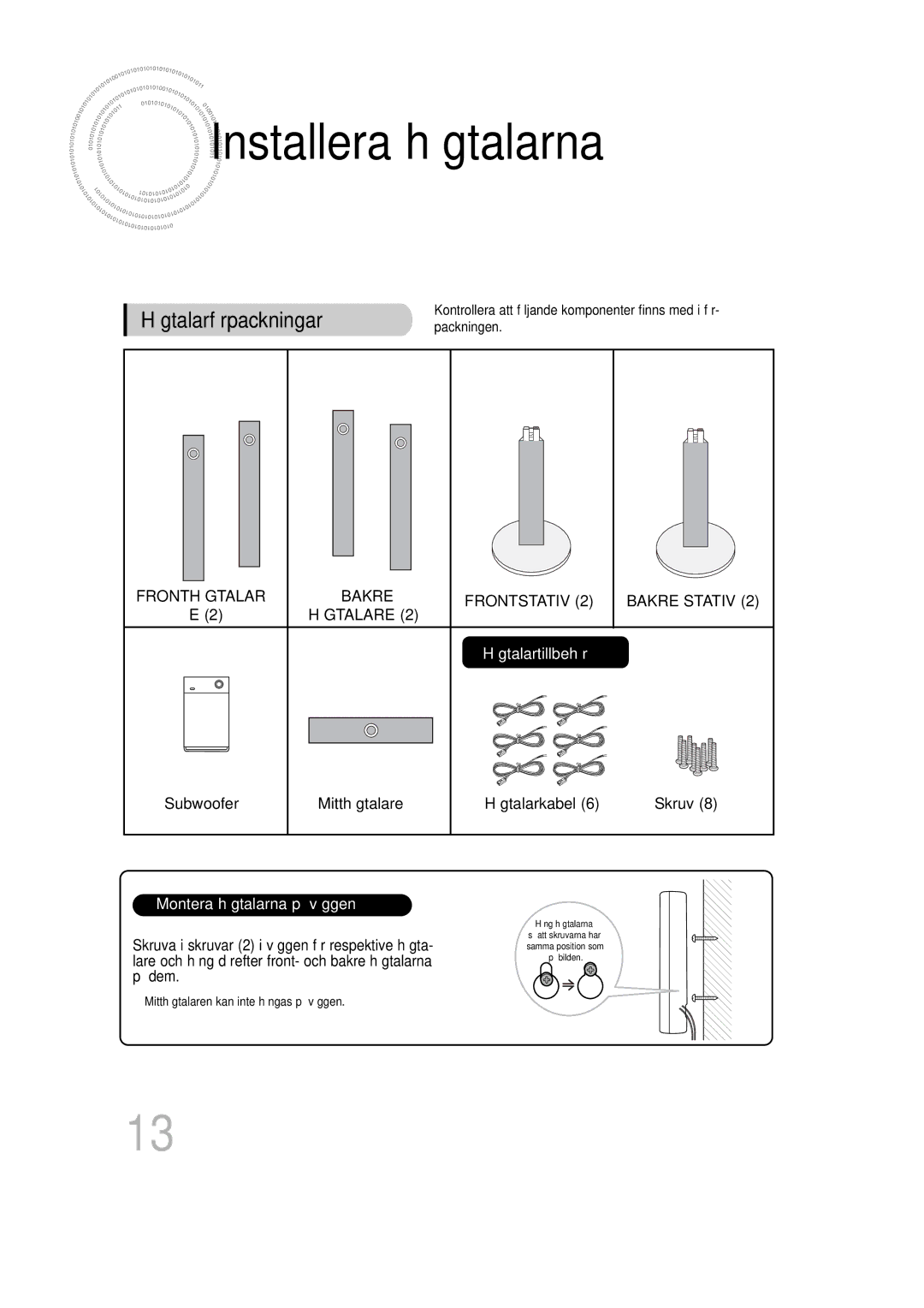 Samsung HT-P1200R/EDC Installera högtalarna, Högtalarförpackningar packningen, Subwoofer Mitthögtalare Högtalarkabel Skruv 