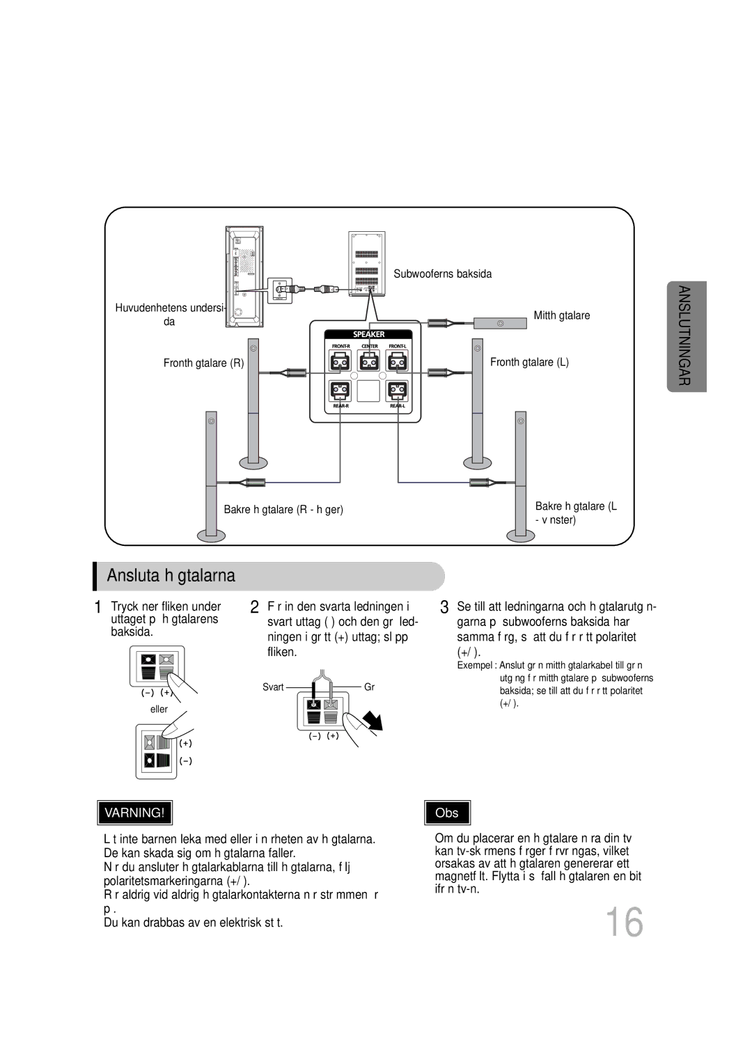 Samsung HT-P1200R/ELS, HT-P1200R/EDC manual Ansluta högtalarna, Tryck ner fliken under För in den svarta ledningen, Fliken 