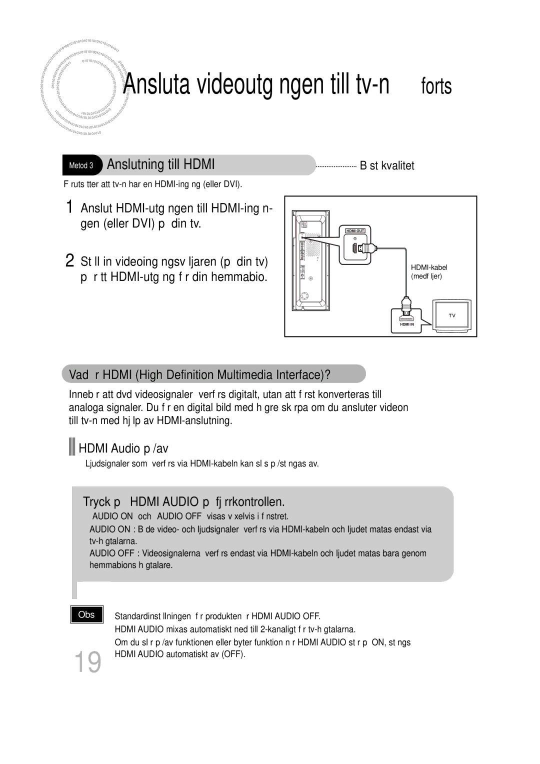 Samsung HT-P1200R/EDC, HT-P1200R/ELS manual Vad är Hdmi High Definition Multimedia Interface?, Hdmi Audio på/av 