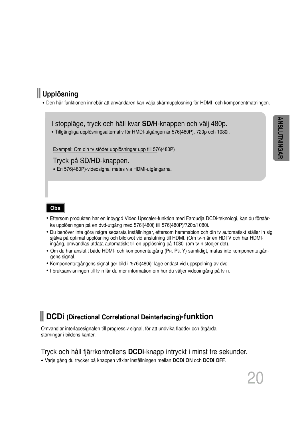 Samsung HT-P1200R/ELS manual Upplösning, Stoppläge, tryck och håll kvar SD/H-knappen och välj 480p, Tryck på SD/HD-knappen 