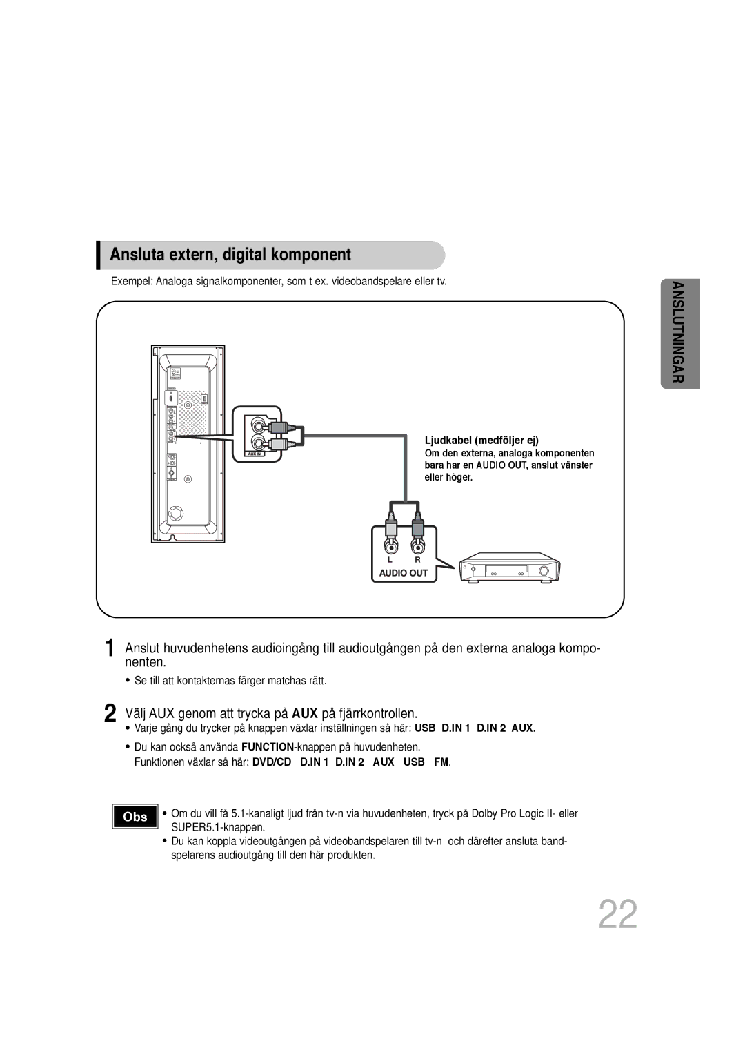 Samsung HT-P1200R/ELS, HT-P1200R/EDC manual Välj AUX genom att trycka på AUX på fjärrkontrollen 