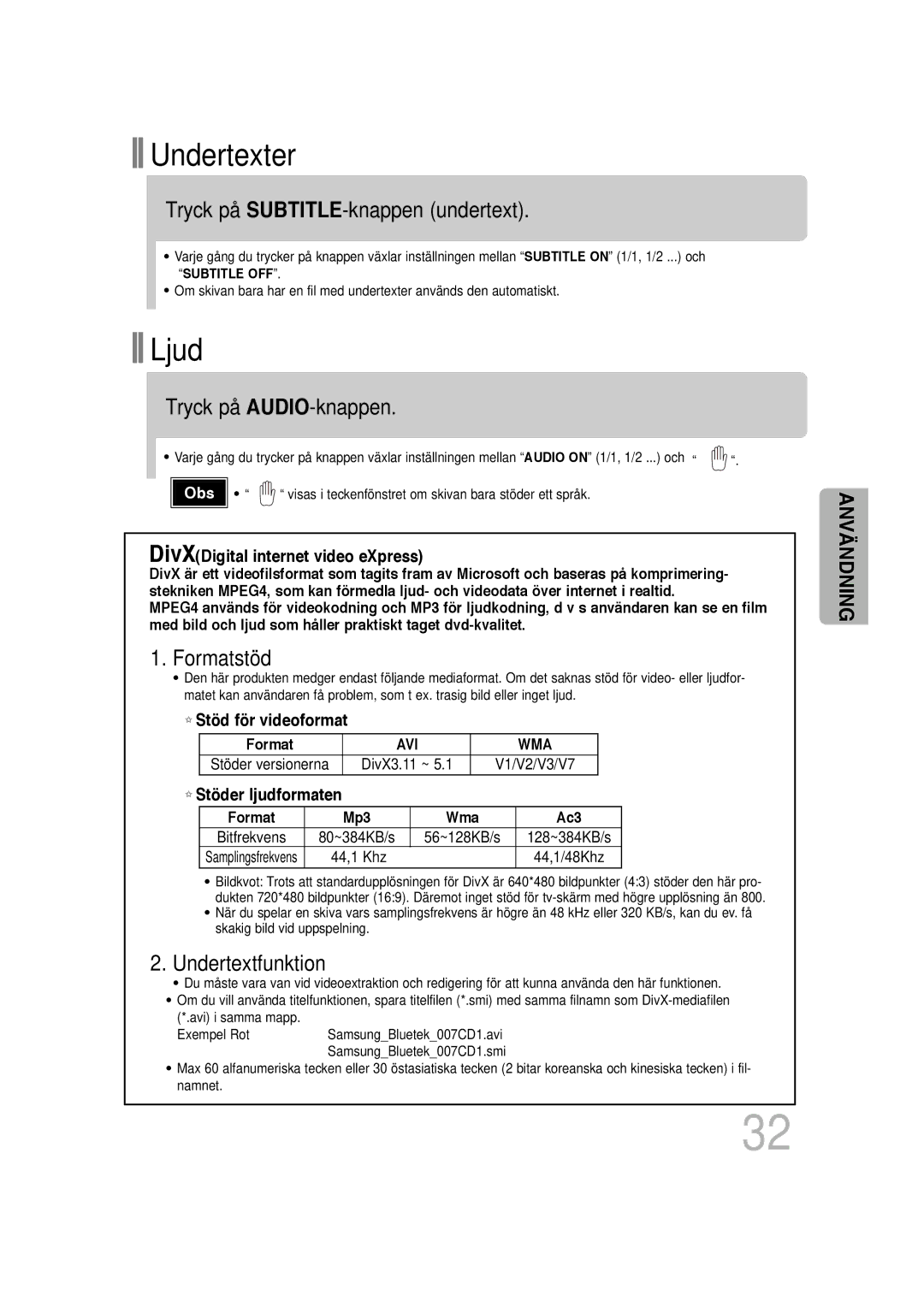 Samsung HT-P1200R/ELS manual Tryck på SUBTITLE-knappen undertext, Tryck på AUDIO-knappen, Formatstöd, Undertextfunktion 