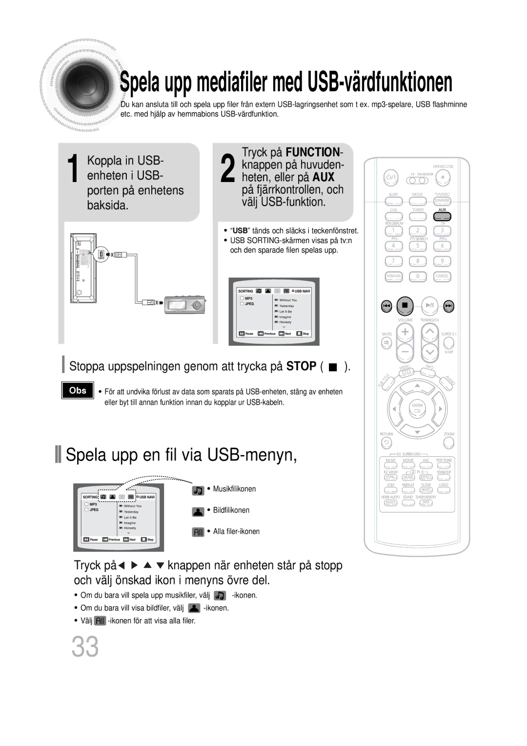 Samsung HT-P1200R/EDC, HT-P1200R/ELS manual Tryck på Function, Stoppa uppspelningen genom att trycka på Stop 