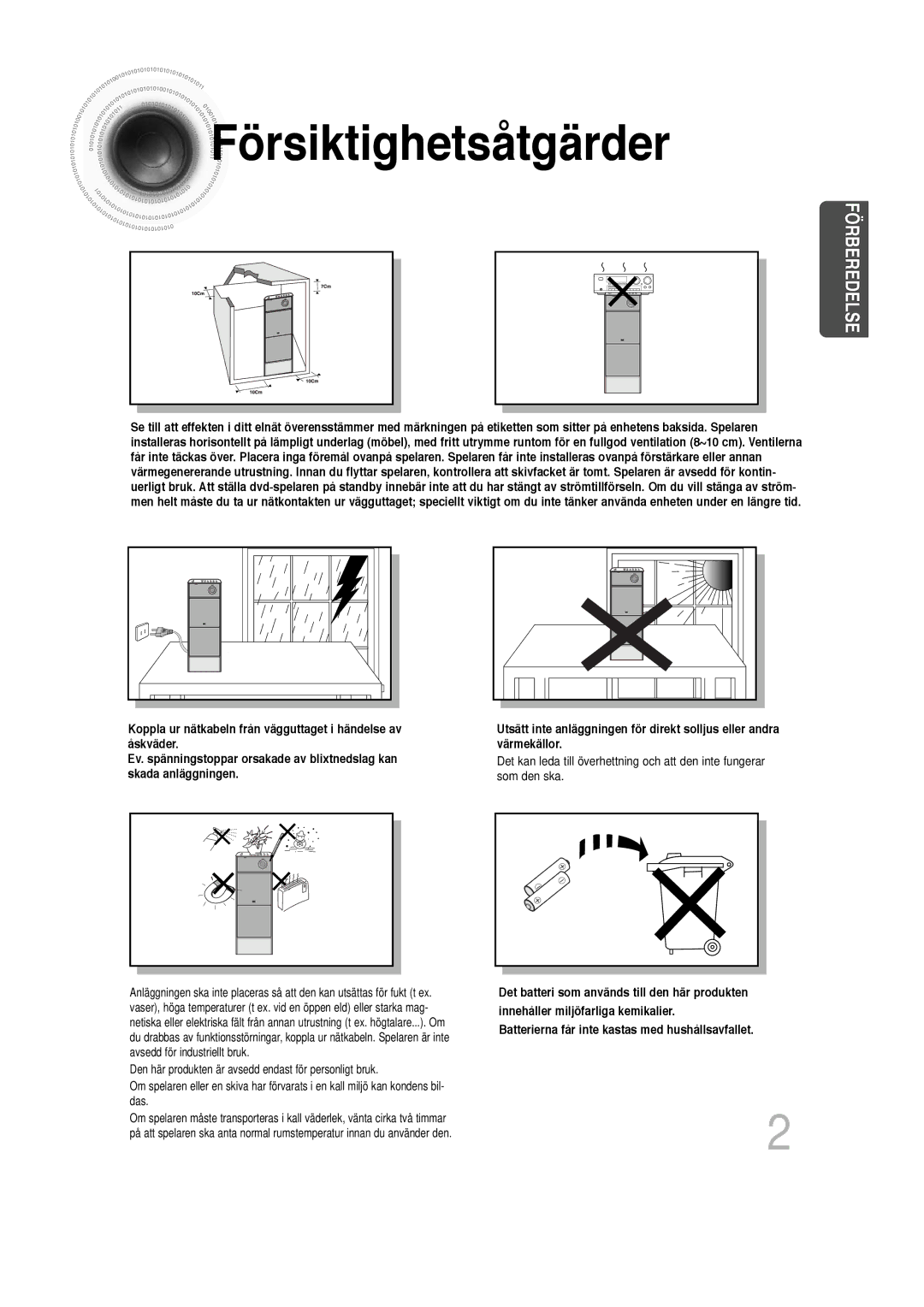 Samsung HT-P1200R/ELS, HT-P1200R/EDC manual Försiktighetsåtgärder, Förberedelse 