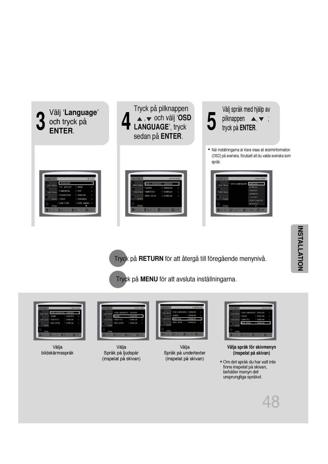 Samsung HT-P1200R/ELS, HT-P1200R/EDC manual Välj ‘Language’, Och välj ‘OSD Pilknappen, Sedan på Enter 