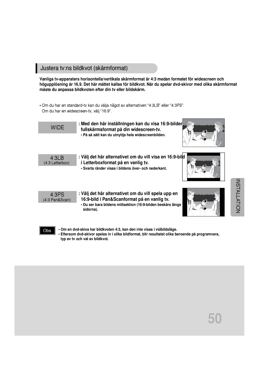 Samsung HT-P1200R/ELS, HT-P1200R/EDC manual Justera tvns bildkvot skärmformat, Letterbox, 43 Pan&Scan 