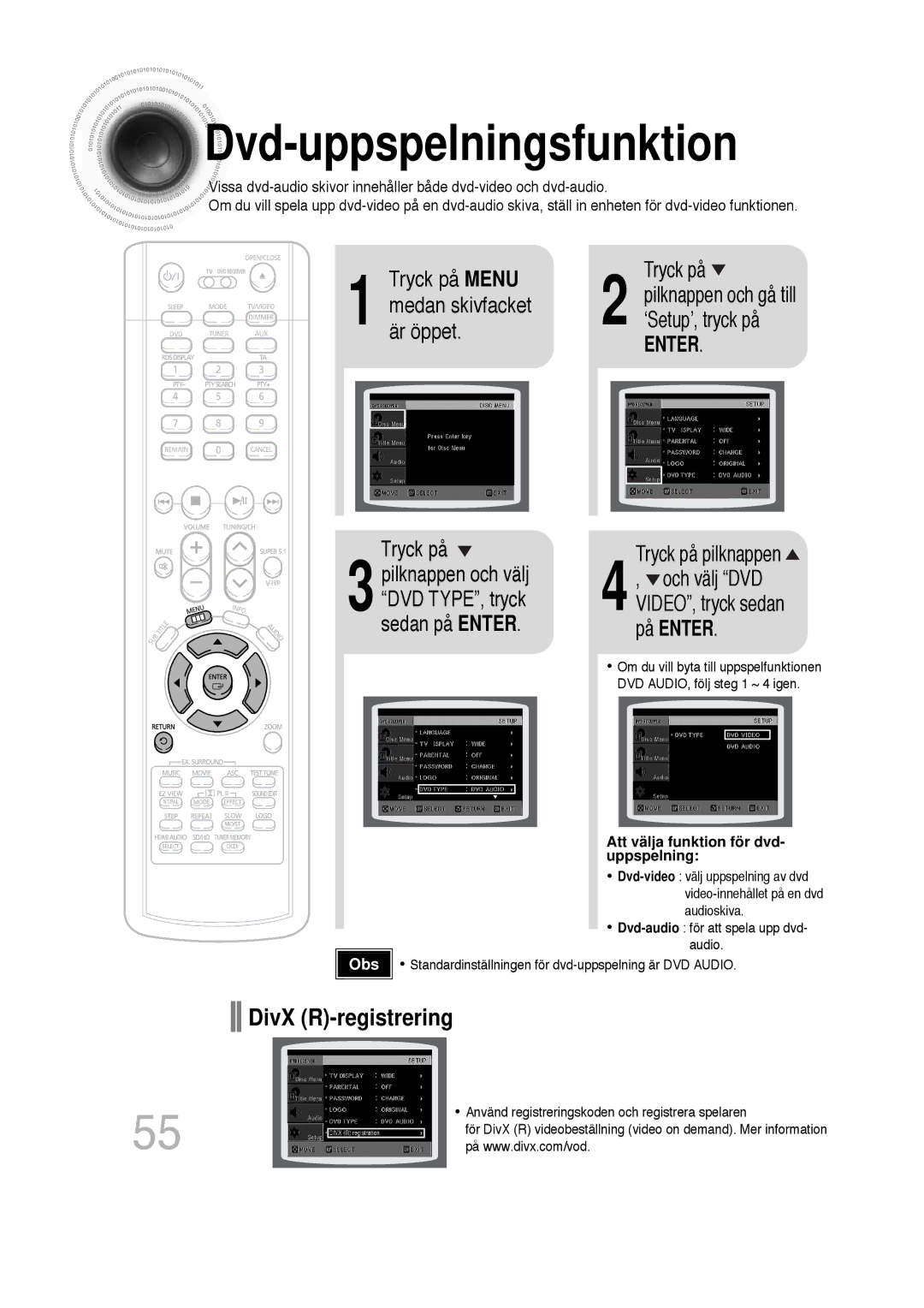 Samsung HT-P1200R/EDC manual Dvd -uppspelningsfunktion, DivX R-registrering, Att välja funktion för dvd- uppspelning 