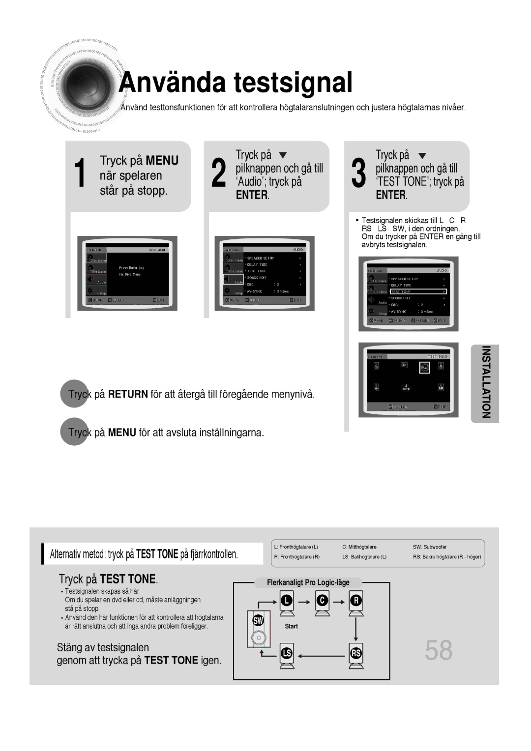 Samsung HT-P1200R/ELS, HT-P1200R/EDC manual Använda testsignal, ‘Audio’ tryck på, Tryck på Test Tone, ‘TEST TONE’ tryck på 